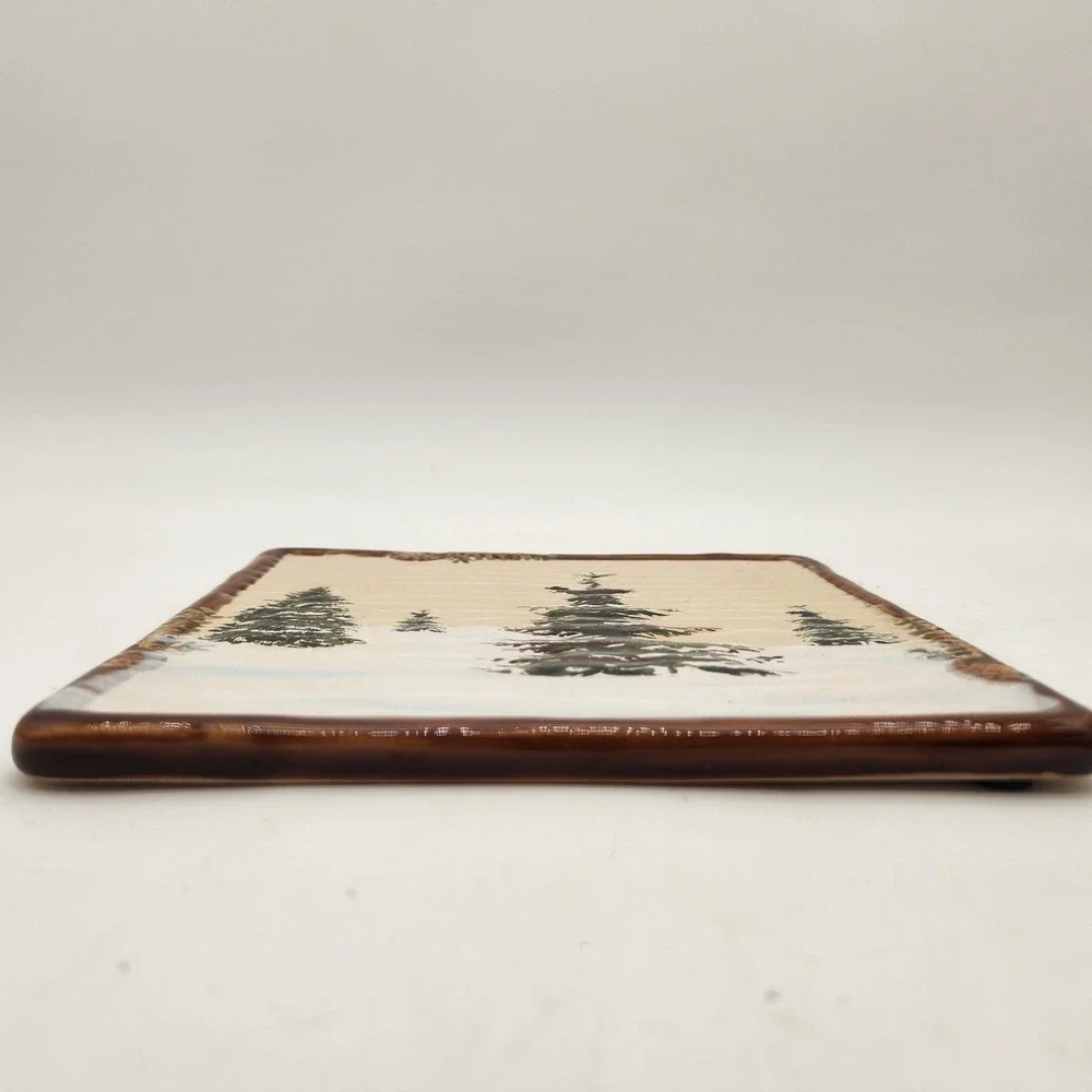 St Nicholas Sq Snow Valley Ceramic Pine Tree Wall Tile Trivet Cottagecore Disc